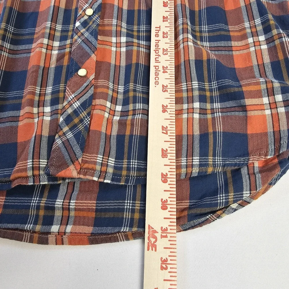 True Religion Mens Large Plaid Western Snap Button Cowboy Shirt Navy Orange EUC